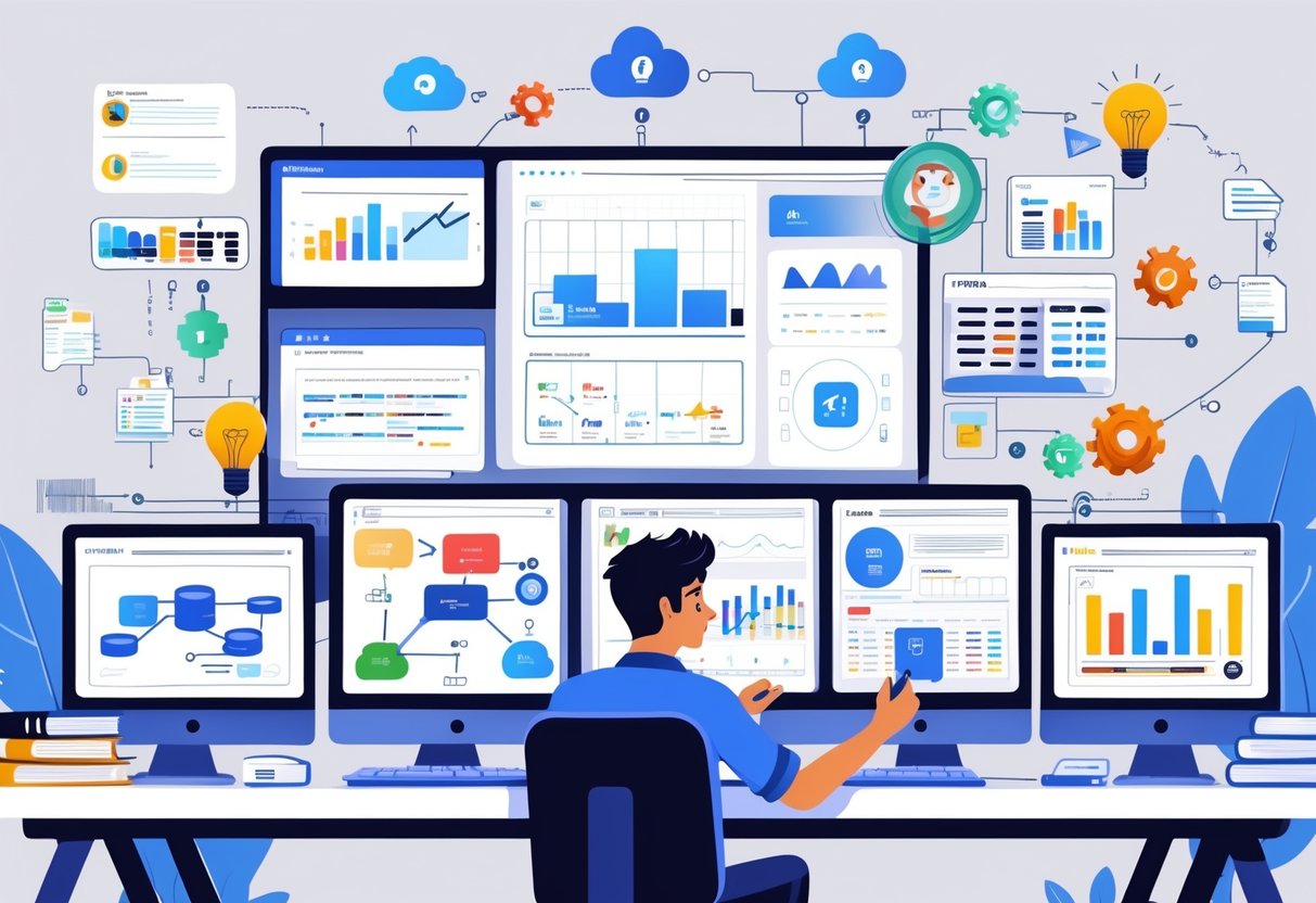A young intern working at a desk with multiple monitors showing data visualizations, code, and dashboards, surrounded by icons representing analytics engineering tools and concepts.