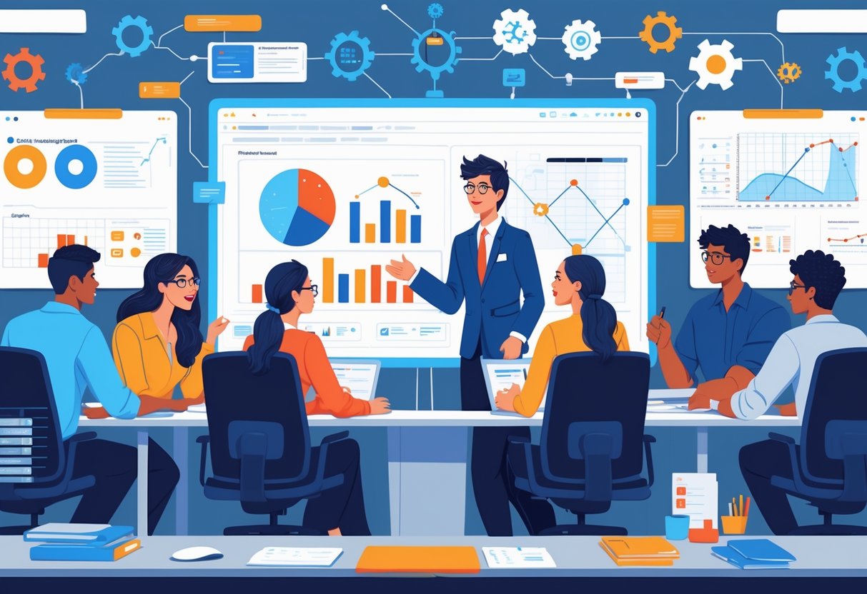 A group of interns collaborating in an office with data charts and computers, discussing analytics engineering work.