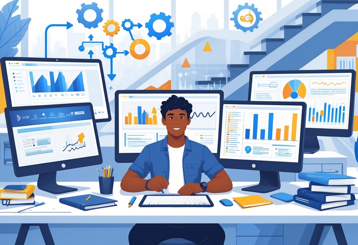 A young adult working at a desk with multiple computer screens showing data and code, surrounded by symbols of analytics and career growth in a modern office.
