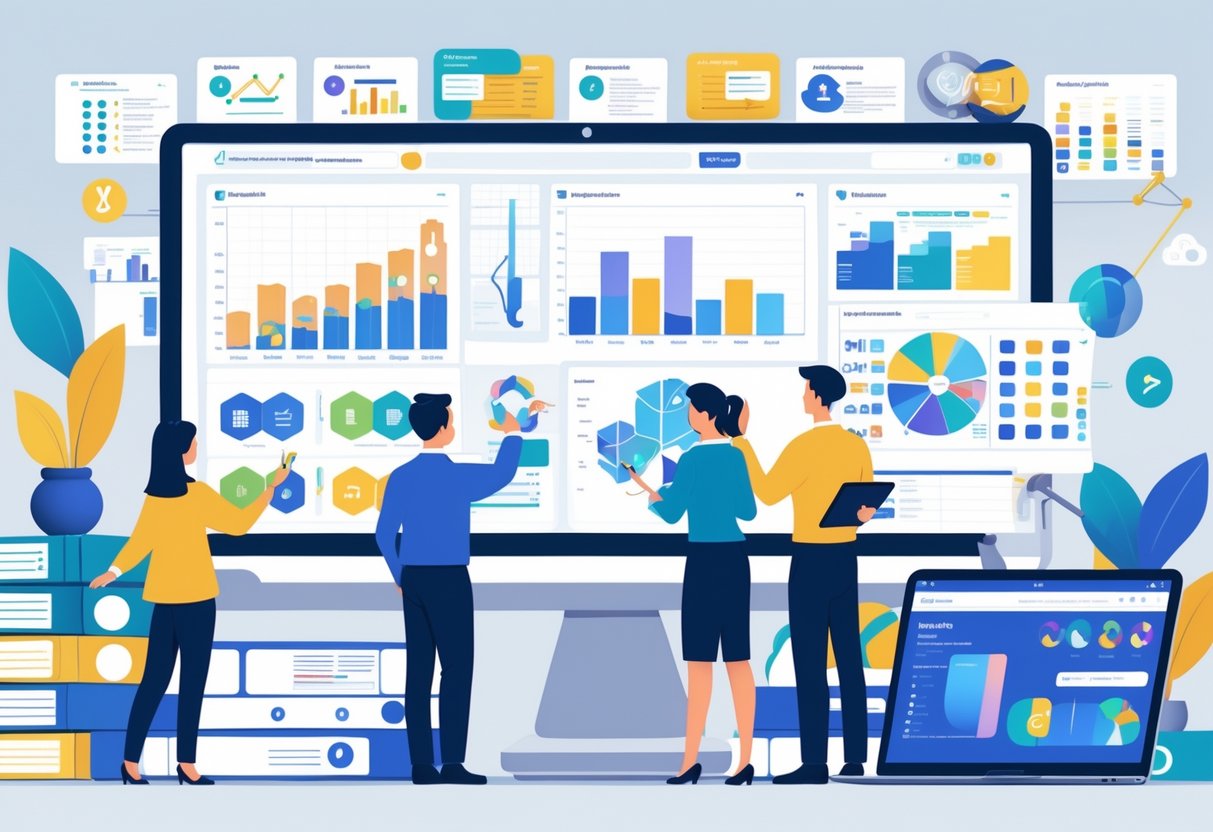 A group of professionals working together around a large digital screen showing organized data charts and diagrams in a modern office setting.