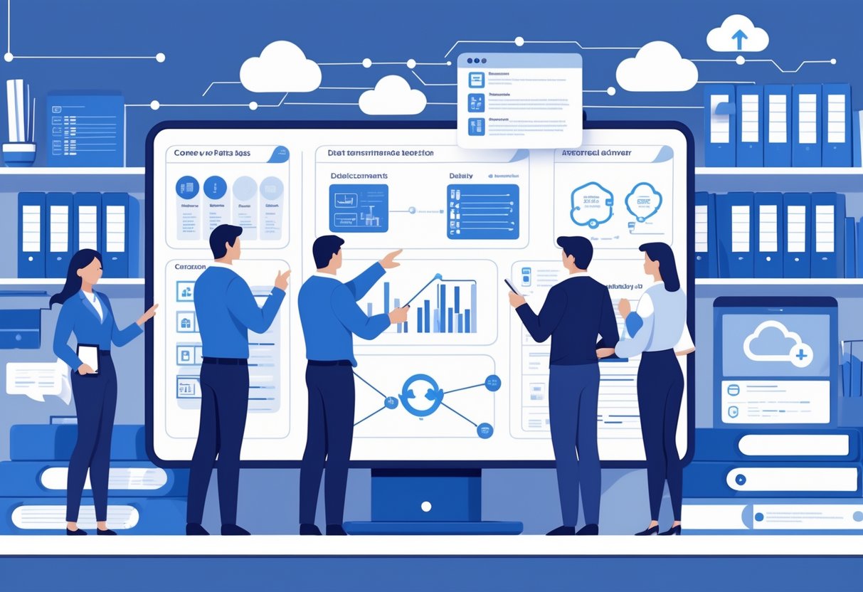 A group of professionals collaborating around a digital table displaying data charts and flow diagrams, with folders and checklists nearby, in an organized office setting.