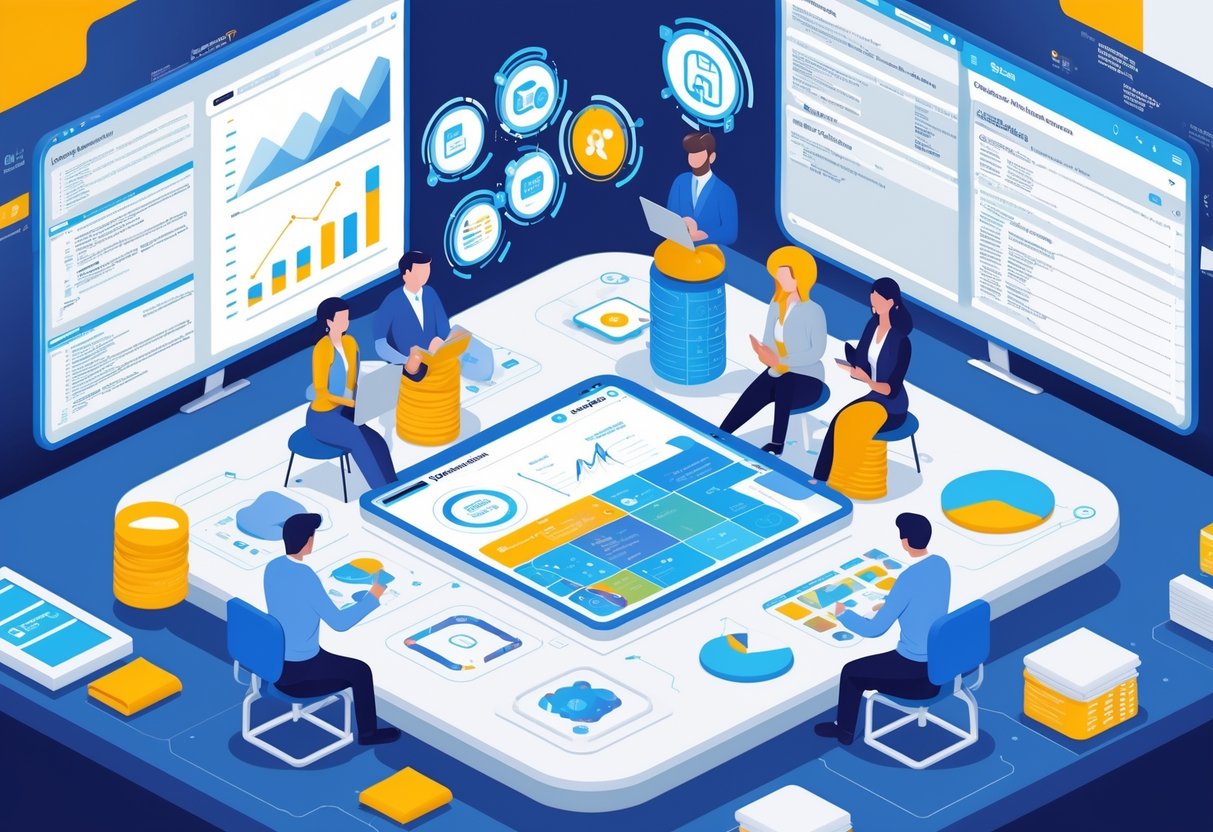 A group of professionals collaborating around a digital table with data charts and holographic icons representing documentation tools in a modern workspace.