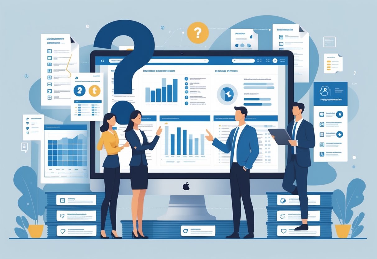 A group of professionals collaborating in an office with laptops, documents, and floating icons representing data and questions about data documentation.
