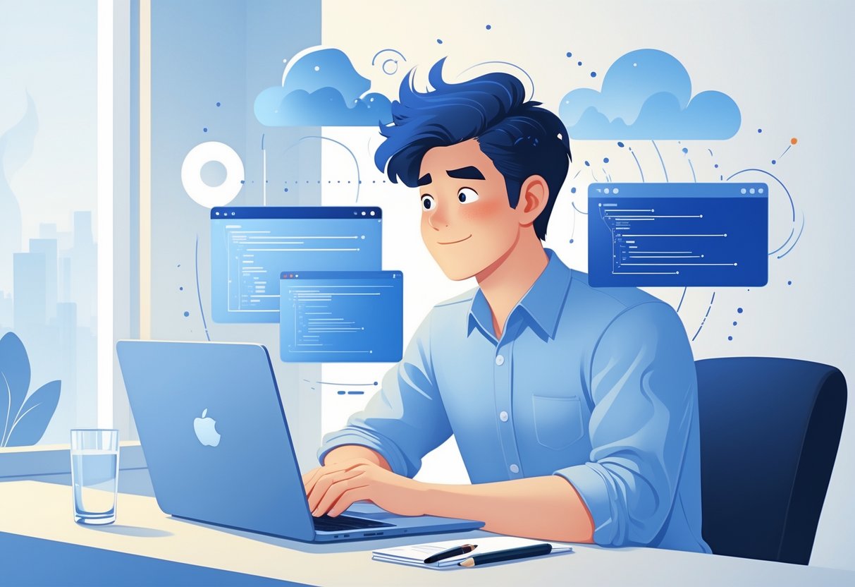 A person calmly sitting at a desk during a technical interview, focused on a laptop with code on the screen, surrounded by a calm office environment.