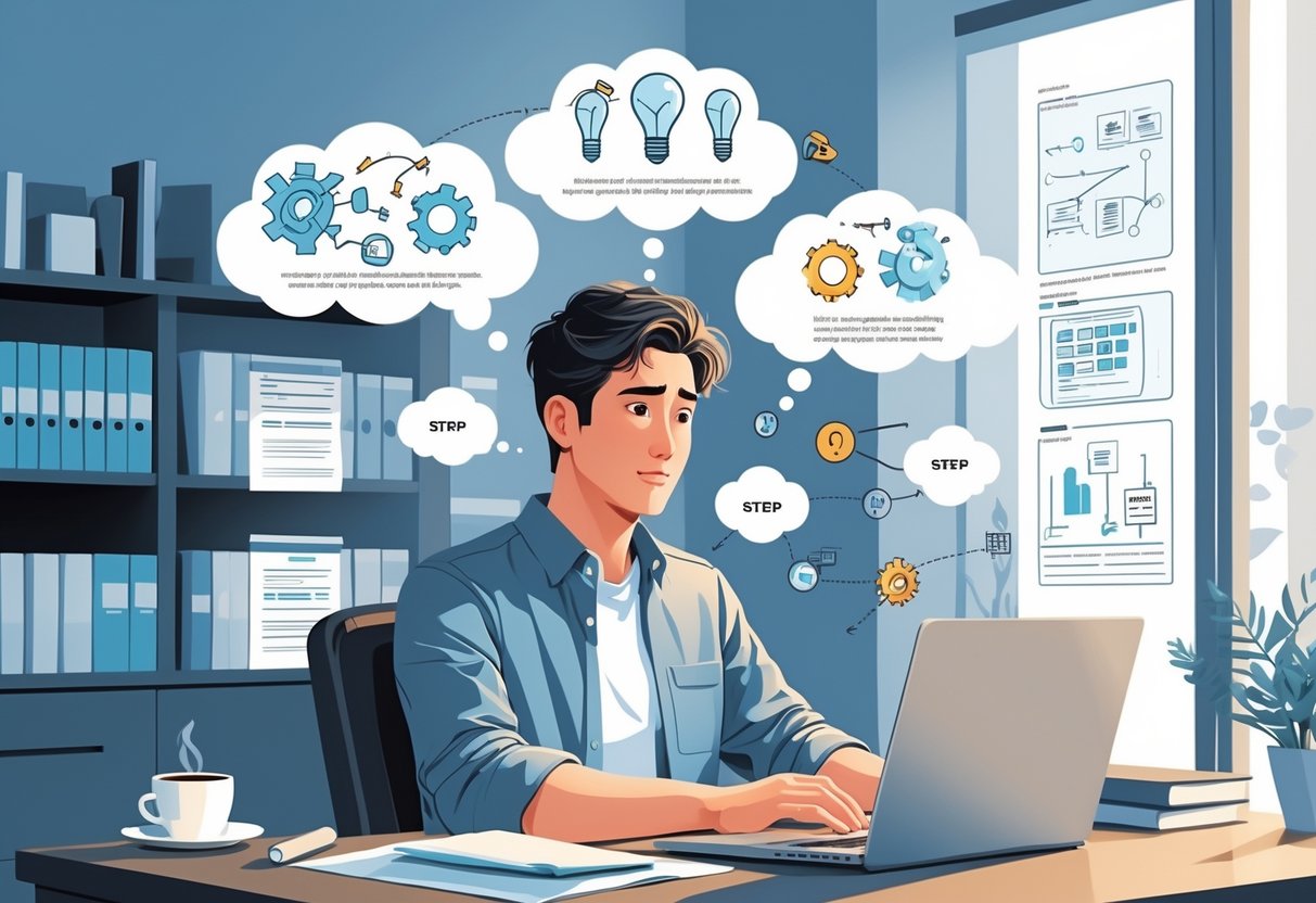 A person calmly working on a laptop at a desk surrounded by visual elements representing problem-solving steps in a modern office setting.