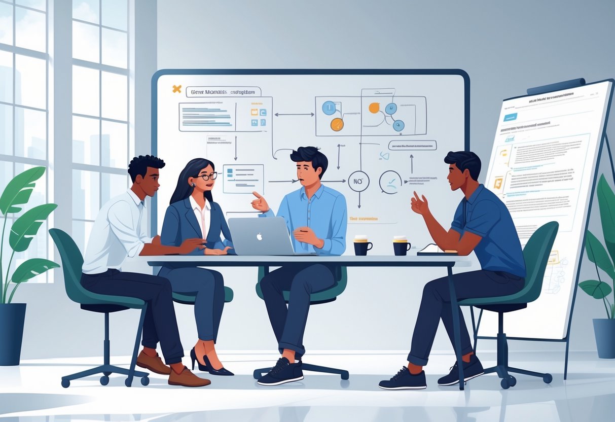 Three professionals sitting around a table with laptops and notebooks, discussing ideas and working together in an office with a whiteboard showing diagrams in the background.