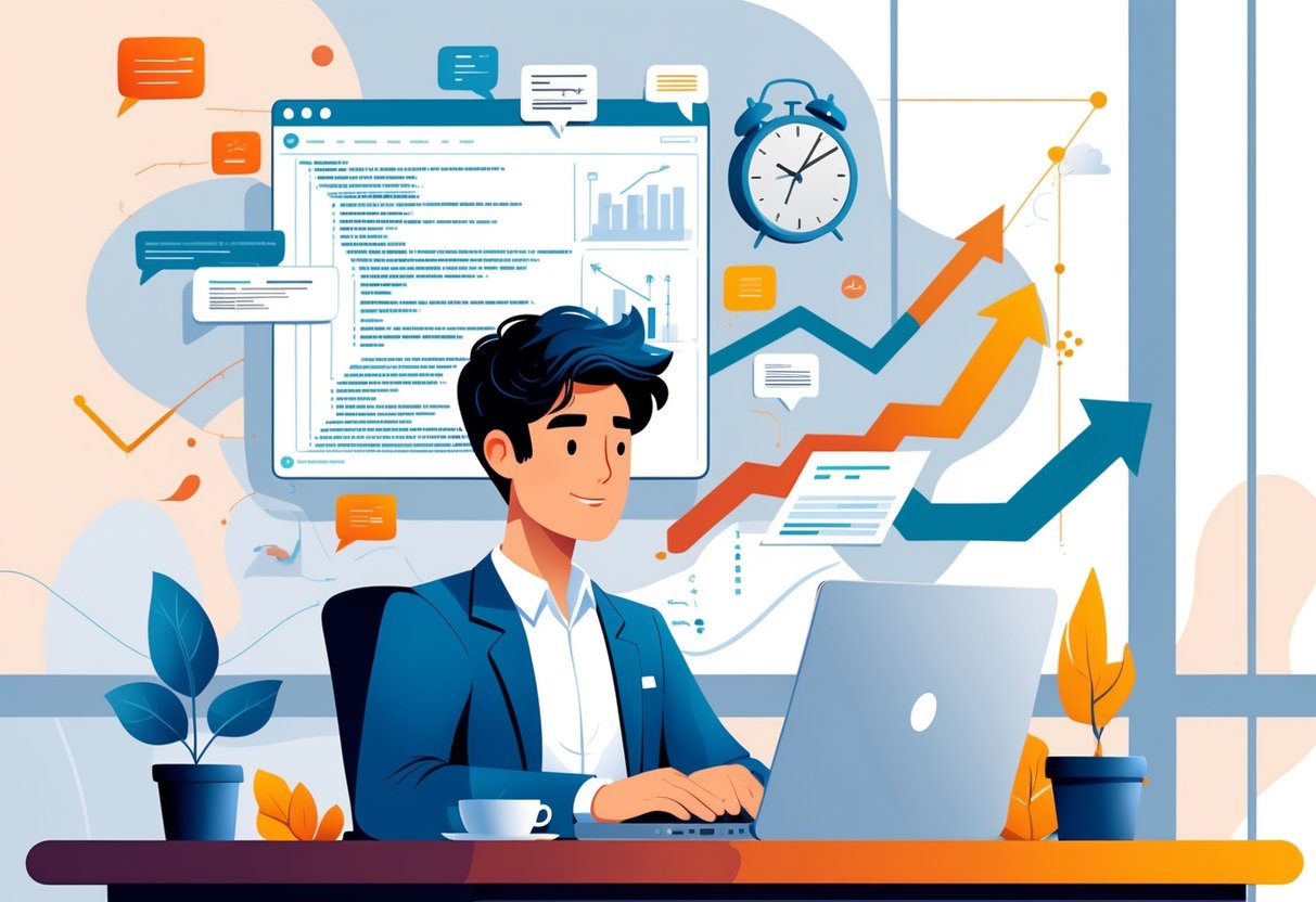A person calmly working on a laptop surrounded by coding diagrams and symbols of growth and progress.