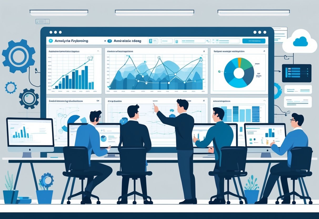 A team of data engineers collaborating around a large digital screen displaying data charts and code in a modern office.