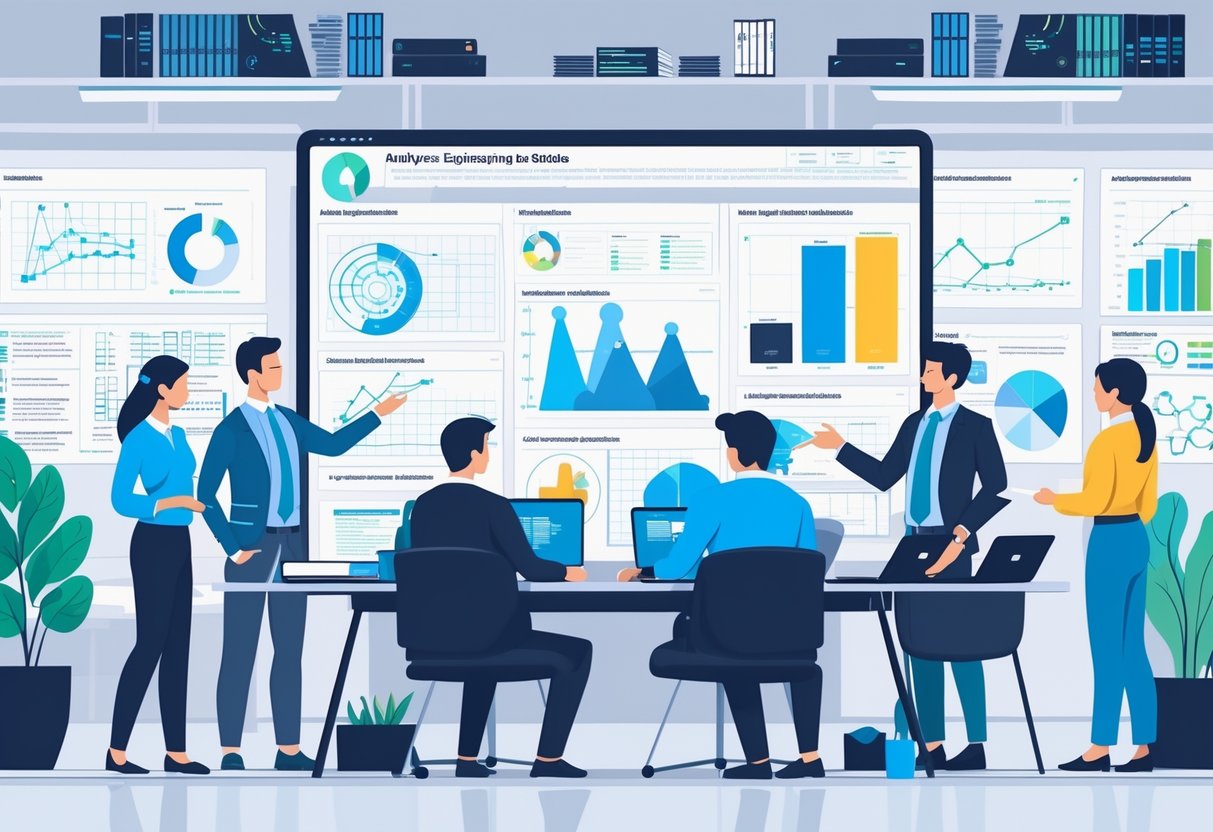 A group of professionals collaborating around a digital screen showing data charts and graphs in a modern office.