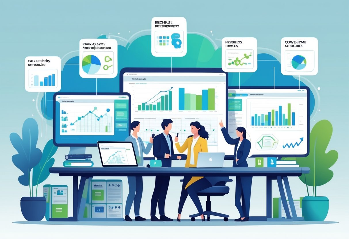 A group of professionals collaborating around a desk with digital devices displaying data charts and analytics, surrounded by floating panels representing case study components.