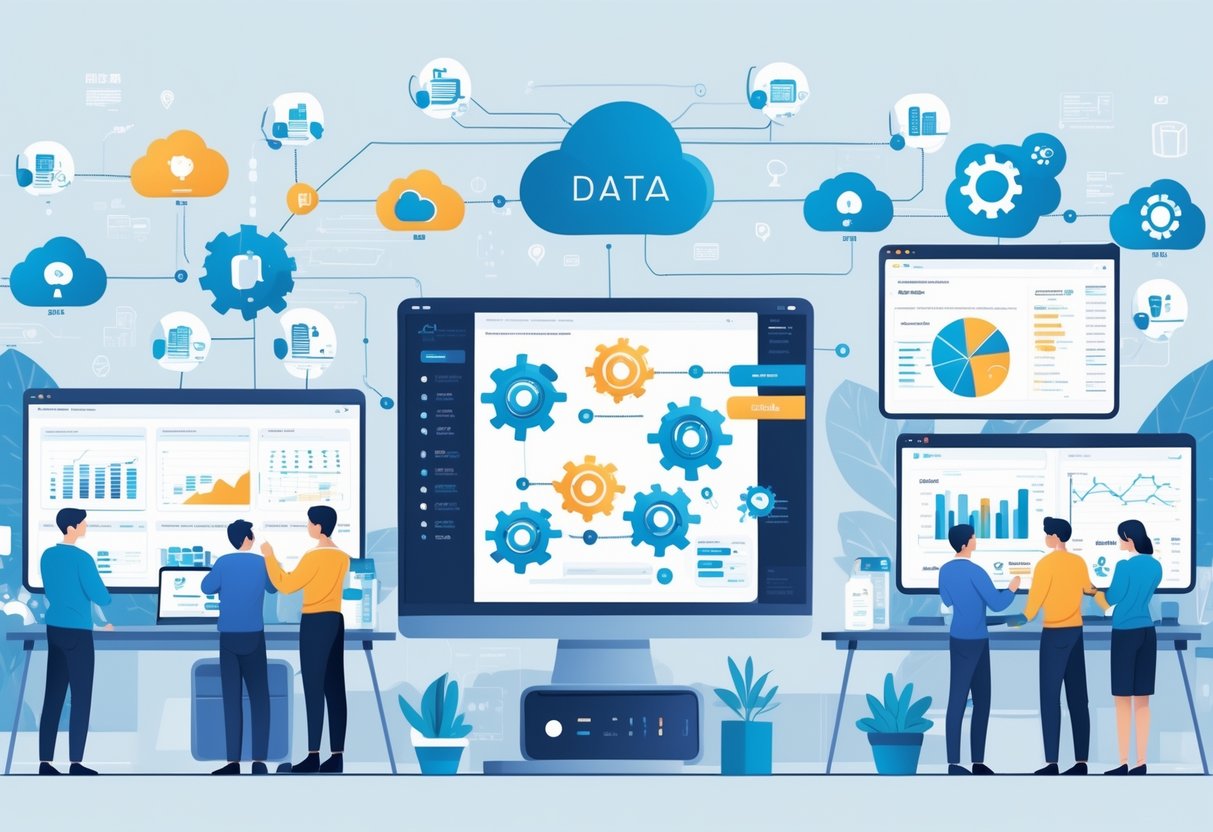 A team working together in a modern office, collecting data from various sources, cleaning it through a pipeline, and analyzing visual data on multiple screens.