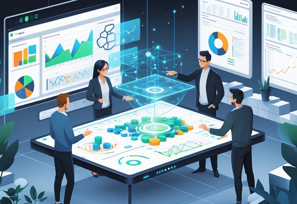 A team of data engineers and analysts collaborating around a digital table with data visualizations, charts, and models in a high-tech workspace filled with diagrams and flowcharts.