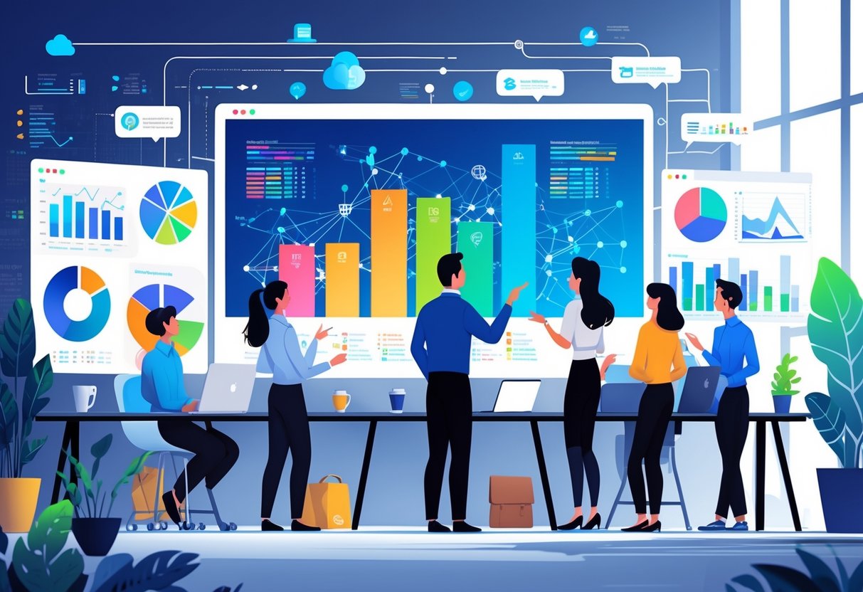 A group of professionals collaborating around a large digital screen showing colorful data visualizations in a modern office setting.
