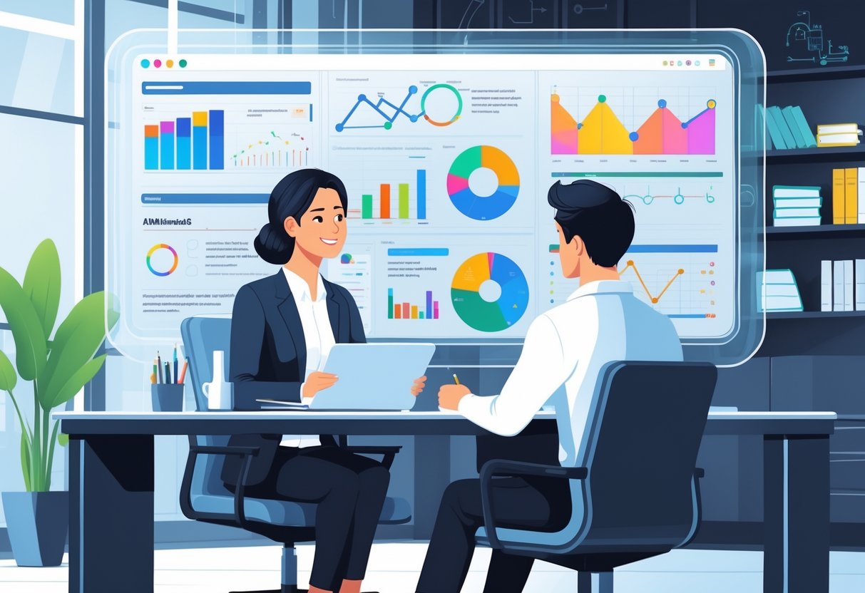 A person explaining analytics engineering projects to an interviewer using a digital screen with charts and graphs in a modern office setting.