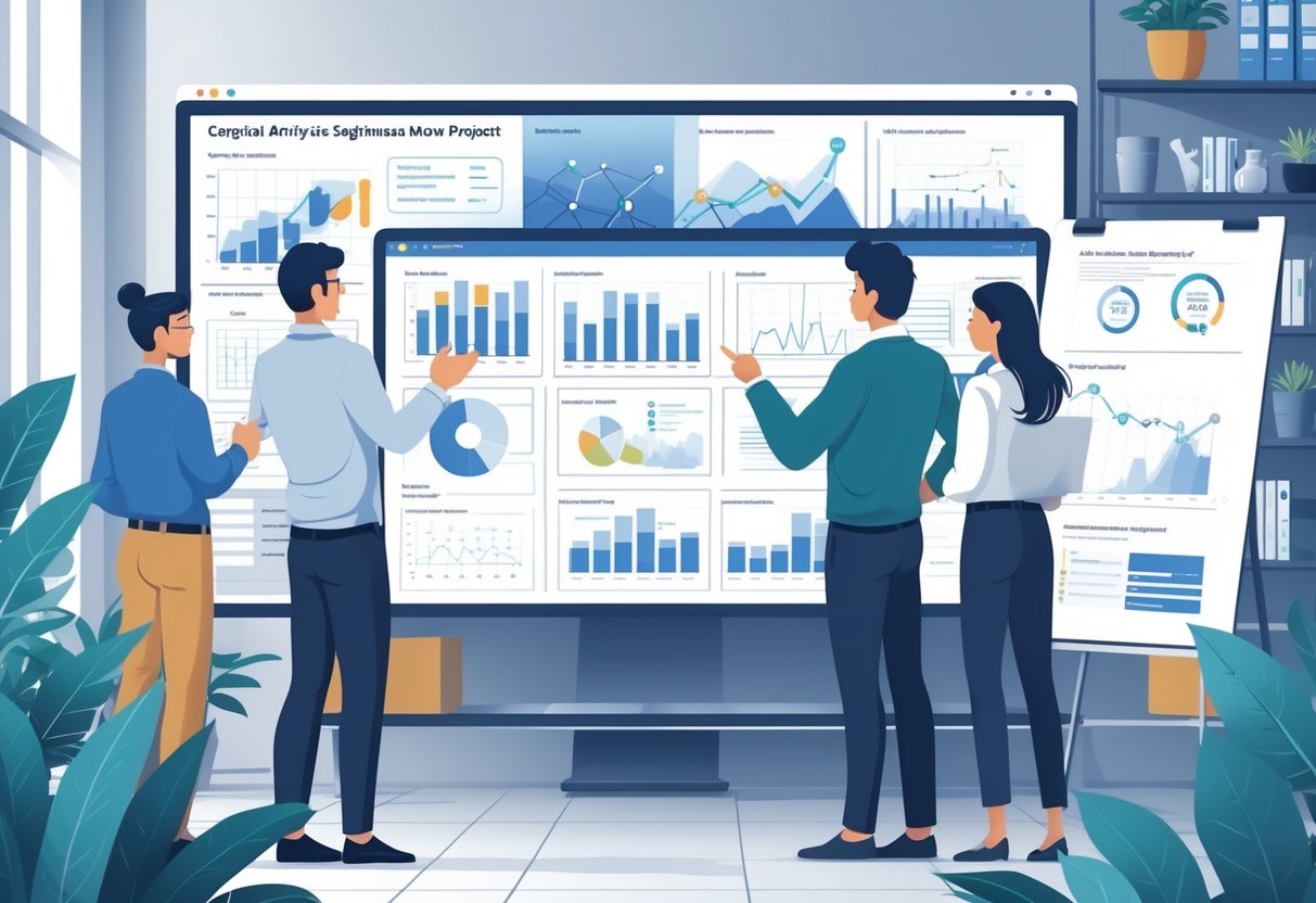 Three people discussing data visualizations and project workflows in a modern office setting.