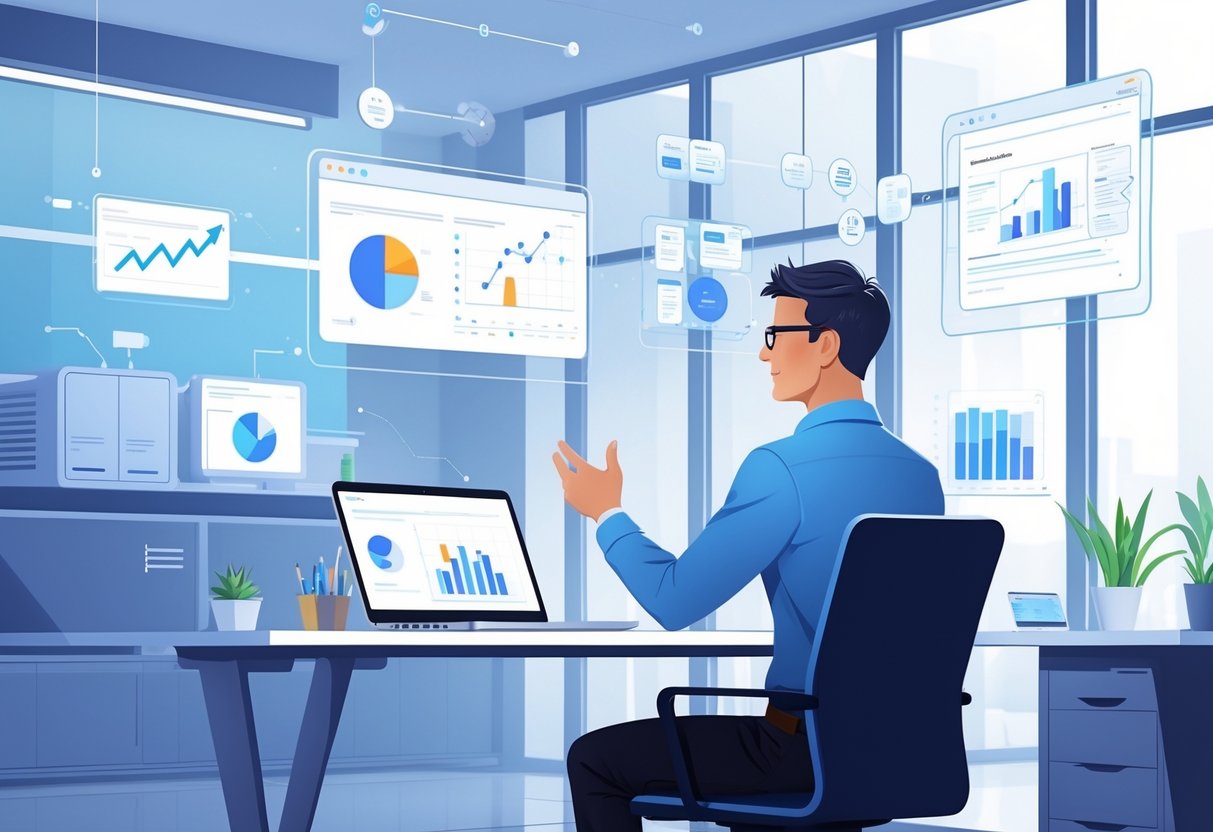 A person sitting at a desk with a laptop, explaining analytics engineering concepts using floating charts and diagrams in a modern office setting.