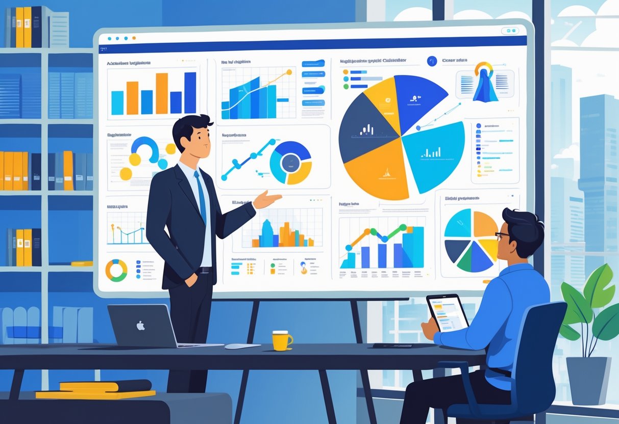 An engineer explains data charts and diagrams to an interviewer in a modern office setting.
