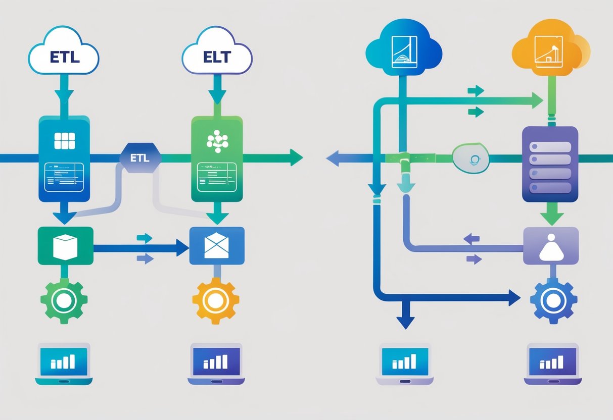 An illustration showing two data processing workflows side by side: one where data is transformed before loading into storage, and another where data is loaded first and transformed afterward.