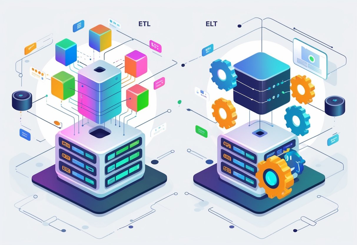 An illustration showing two data processing workflows side by side, one representing ETL with data extracted, transformed, then loaded into a warehouse, and the other representing ELT with data extracted, loaded, then transformed inside the warehouse.