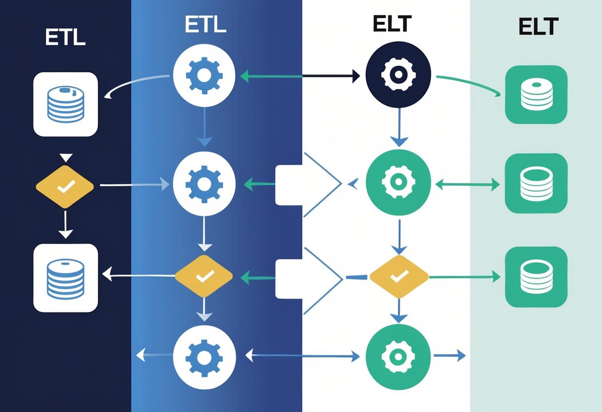 Side-by-side illustration showing two data processing workflows: one where data is extracted, transformed, then loaded, and another where data is extracted, loaded, then transformed, using icons of data sources, gears, and storage connected by arrows.