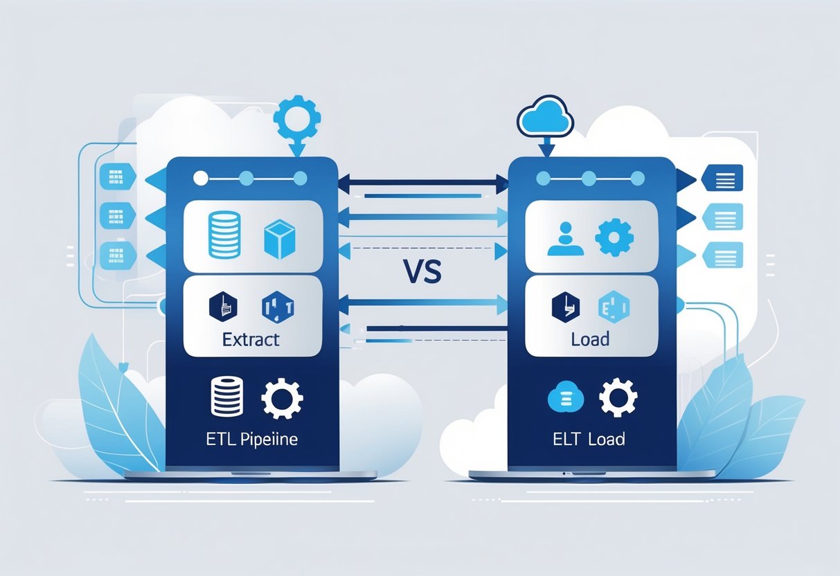 A balanced illustration showing two data processing pipelines side by side, one for ETL with stages Extract, Transform, Load, and one for ELT with stages Extract, Load, Transform, connected by arrows indicating data flow.
