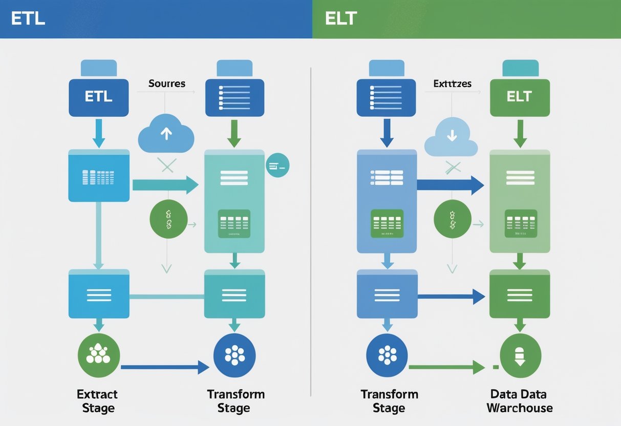 A side-by-side illustration showing two data processing workflows: one with data being extracted, transformed, then loaded, and the other with data extracted, loaded, then transformed inside a storage system.