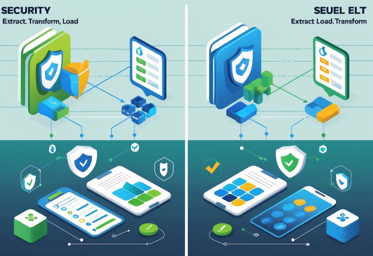 Two side-by-side diagrams showing ETL and ELT data processes with icons representing security, compliance, and data governance.