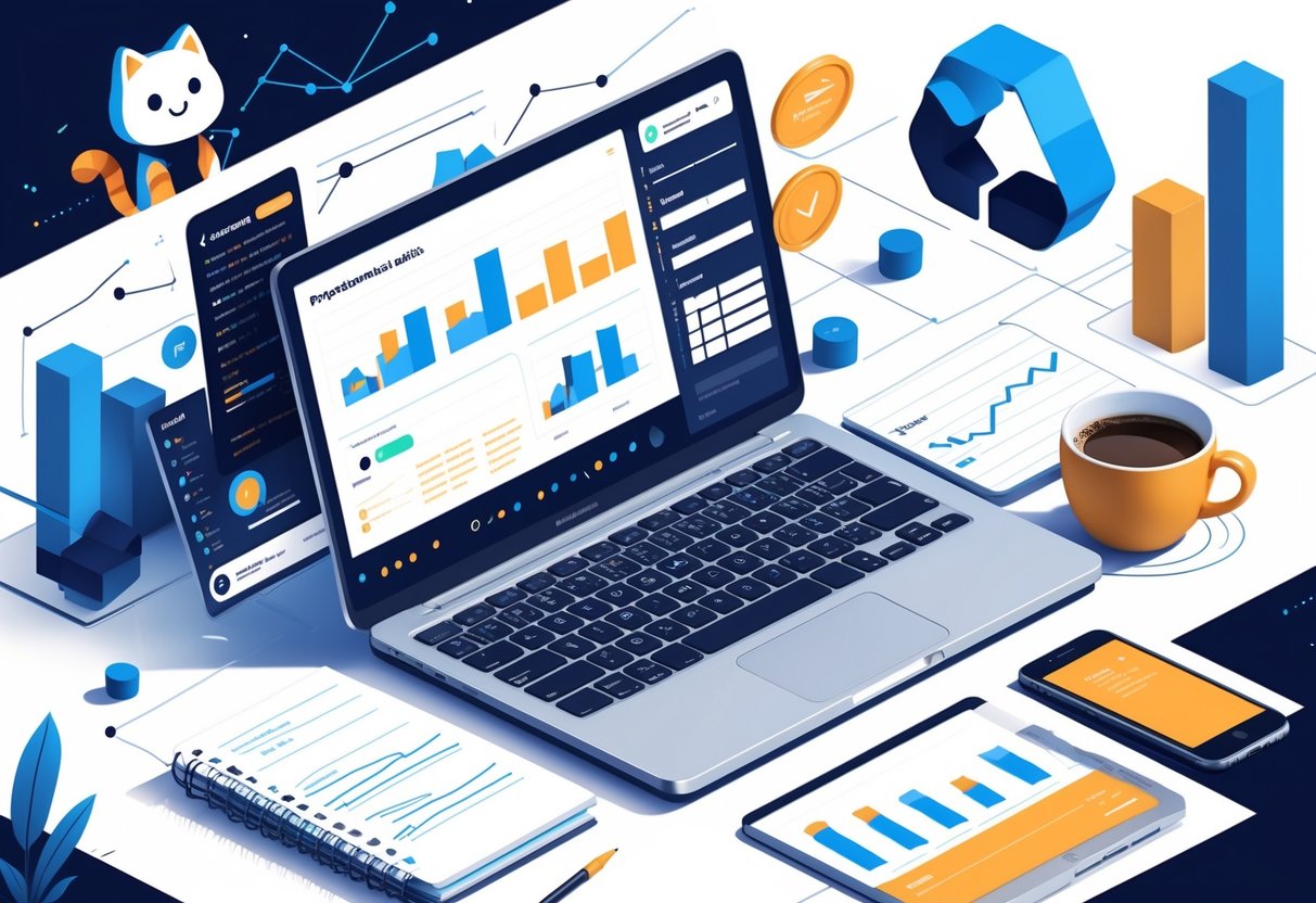 A workspace with a laptop showing data charts and code, surrounded by analytics icons and GitHub elements.