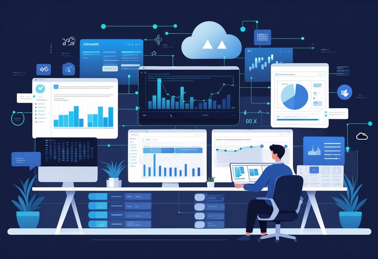 A person working at a desk with multiple screens showing data visualizations and code, surrounded by symbols of analytics like charts and graphs.