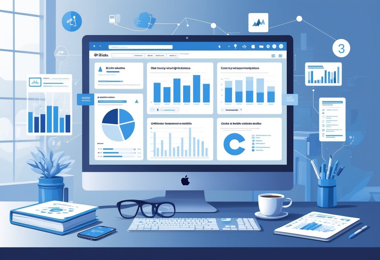 A workspace with a computer showing a GitHub profile dashboard featuring charts, graphs, and code, surrounded by analytics-related items like a notebook, coffee cup, and icons representing data and coding.