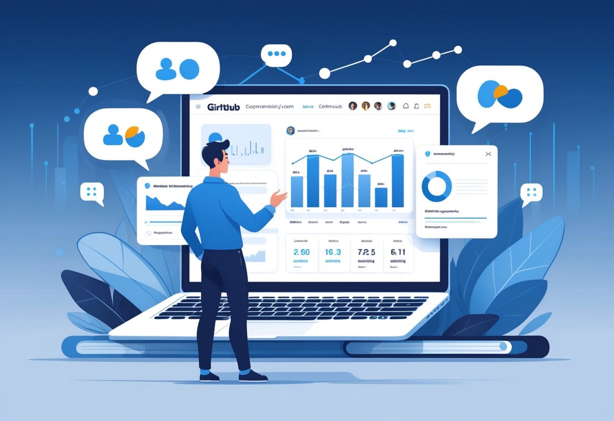 A software developer working at a laptop with GitHub profile and analytics visuals, surrounded by icons representing community interaction and data charts.