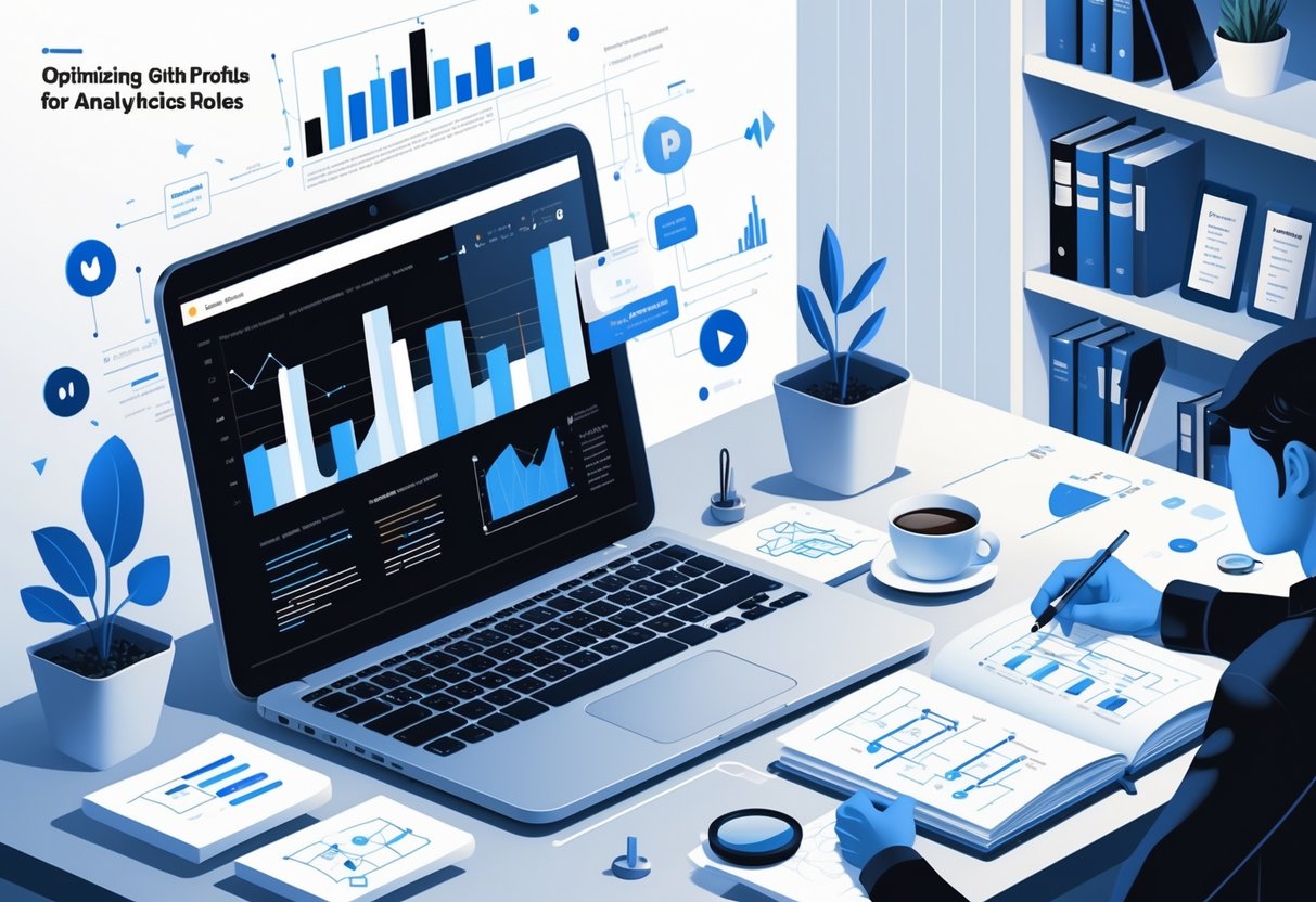 A person working at a desk with a laptop showing data visualizations and coding elements, surrounded by analytics symbols in a modern office setting.