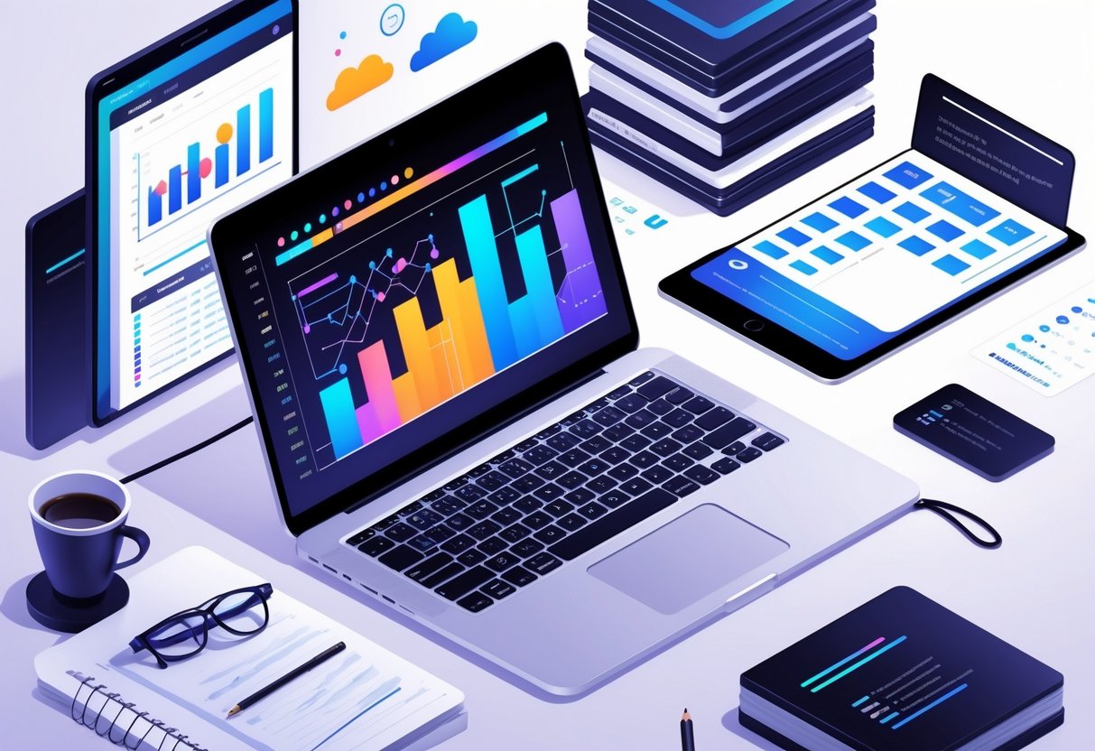A workspace with a laptop showing data charts and Python code, a tablet displaying a data table, and office supplies on a clean desk.
