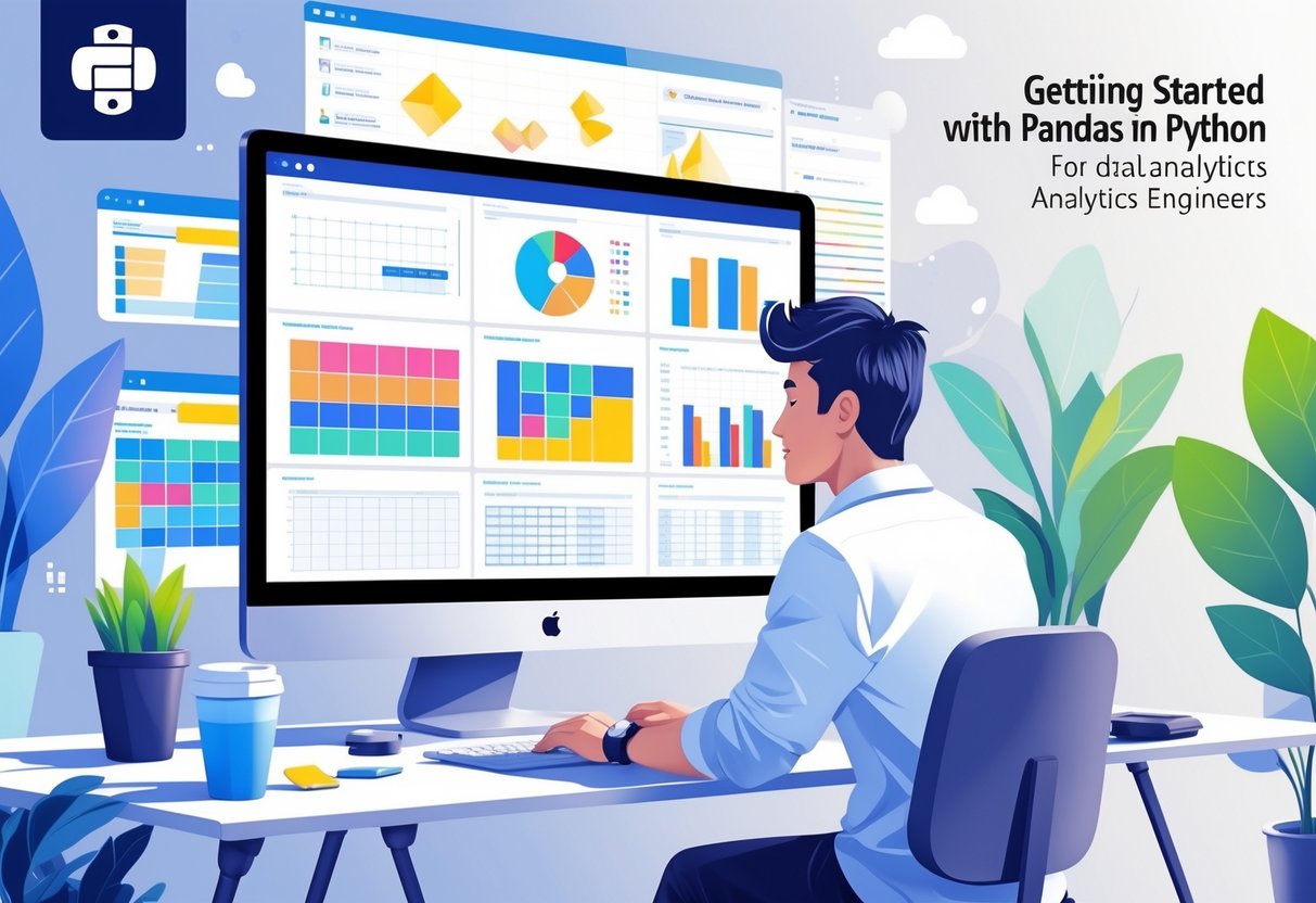 An analytics engineer working at a desk with a computer showing colorful data tables and charts, surrounded by Python and data analysis elements.