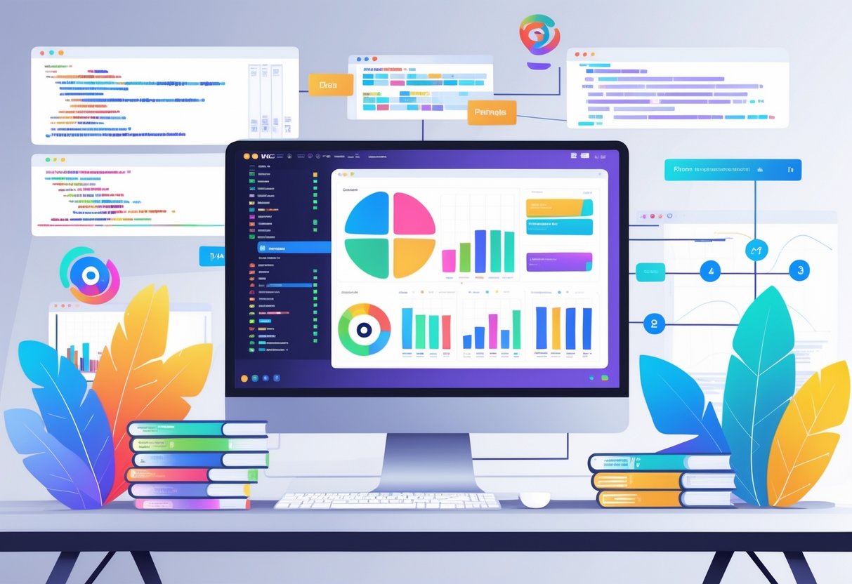 A modern workspace showing a computer screen with colorful tables, charts, and graphs representing data structures used in analytics engineering with Python and Pandas.