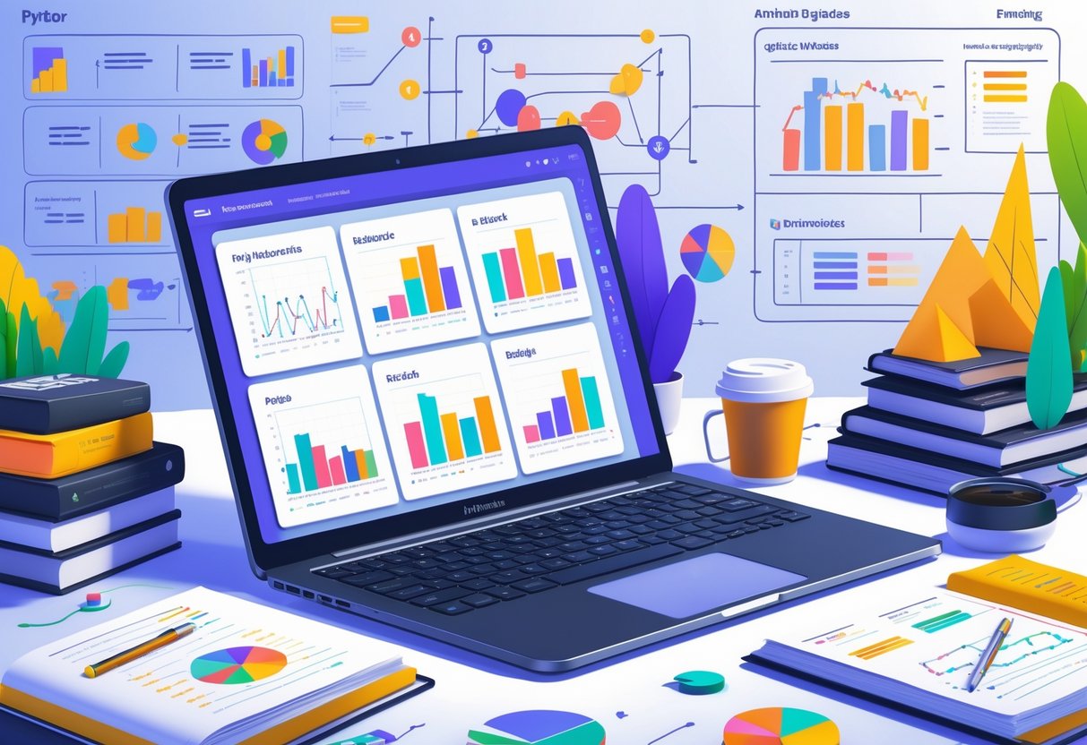 A workspace with a laptop showing colorful data charts, notebooks with code, a coffee cup, and a digital whiteboard displaying data flow diagrams.