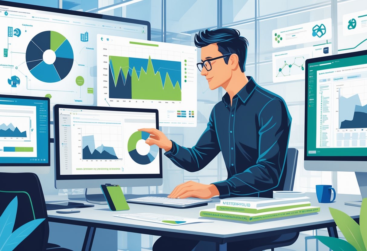 An analytics engineer working at a desk with multiple screens showing data charts and Python code in a modern office.