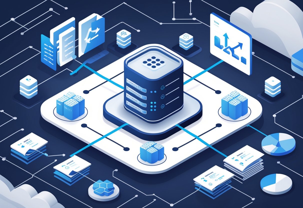 An illustration showing a central data server connected to multiple smaller data nodes with arrows, surrounded by data files and charts, representing data version control.