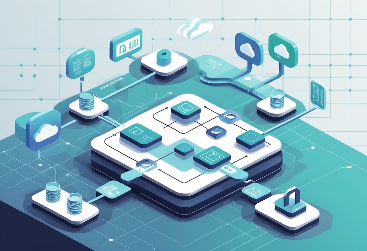 An illustration showing interconnected icons representing data versioning, tracking, cloud storage, and secure data management in a clean and organized layout.