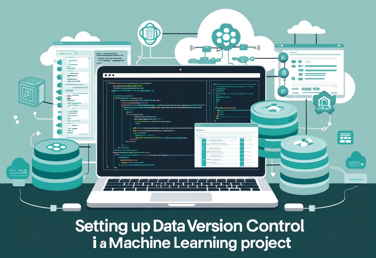 A workspace with a laptop showing data flow diagrams and icons representing data versioning and machine learning in a connected system.