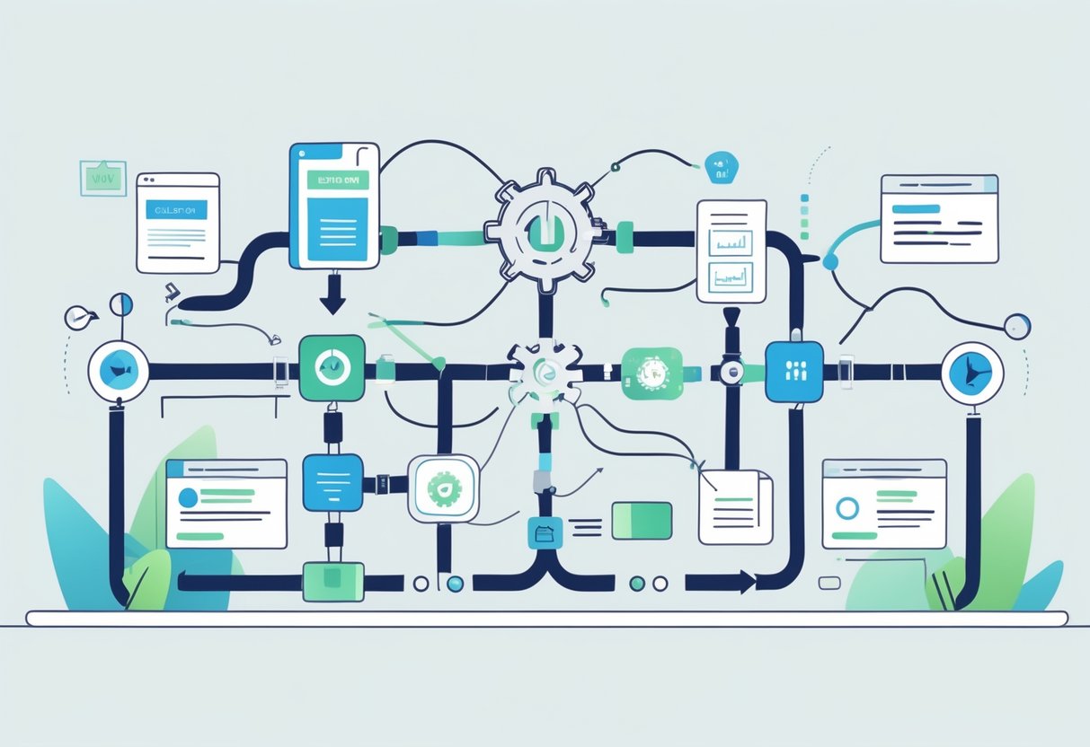 An illustration showing a connected data pipeline with icons for data files, code, and gears representing automation, flowing from input to output stages.
