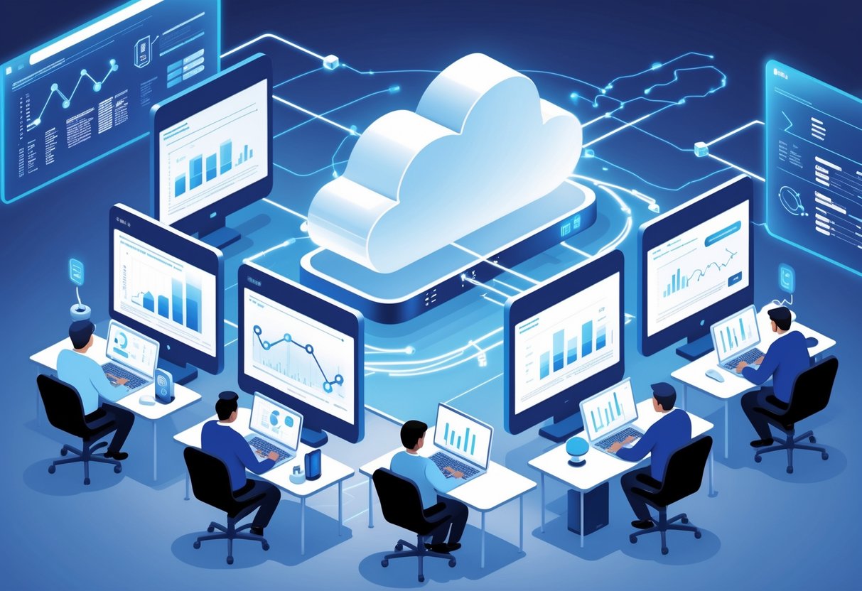 Several people working remotely from different locations connected to a central cloud server with digital data streams flowing between them.