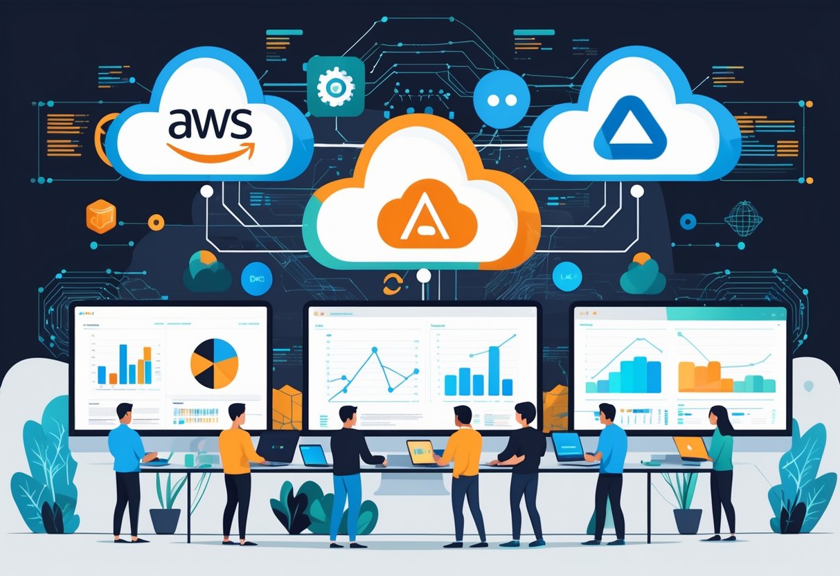 Three interconnected cloud platforms with data visualizations and analytics engineers collaborating on laptops surrounded by digital network and data elements.