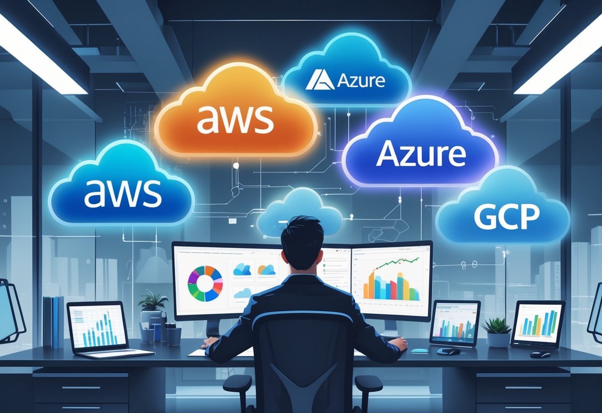 An analytics engineer working with digital screens showing data and cloud icons representing AWS, Azure, and GCP in a modern office setting.