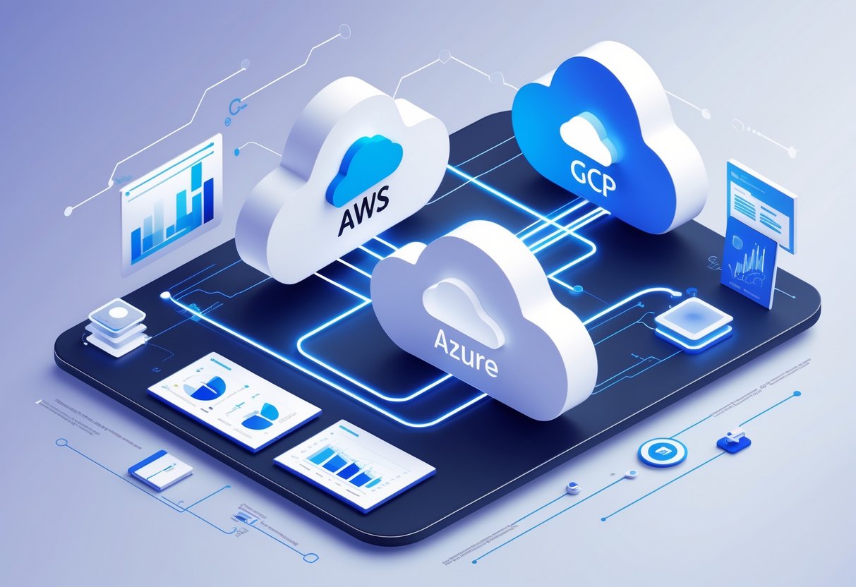 An illustration showing three interconnected cloud icons representing AWS, Azure, and GCP with analytics charts and graphs around them, symbolizing cloud computing and data analysis.