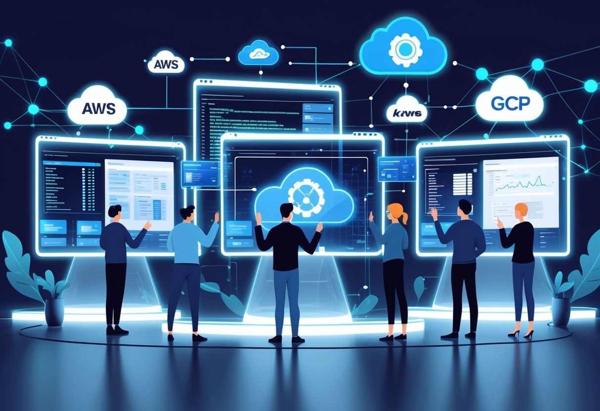 A group of analytics engineers working with holographic screens showing code, data charts, and cloud platform icons representing AWS, Azure, and GCP in a modern workspace.