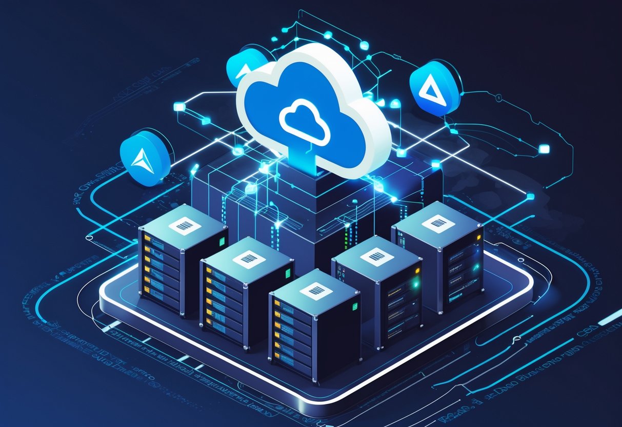 A digital cloud surrounded by servers and database icons connected by glowing lines with symbols representing AWS, Azure, and GCP, set against a background of data streams and network grids.