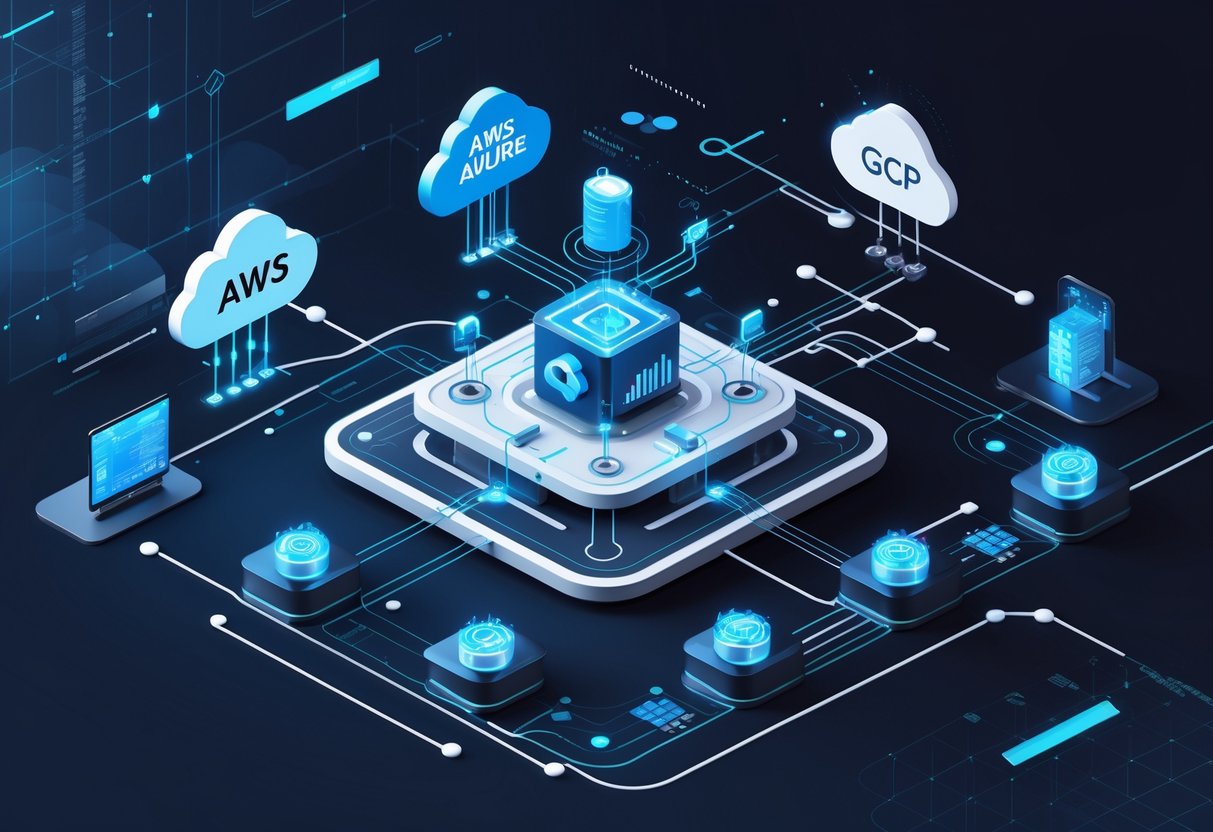 A detailed scene showing interconnected cloud platforms with data streams, servers, and security shields representing network architecture and cloud security for analytics engineers.