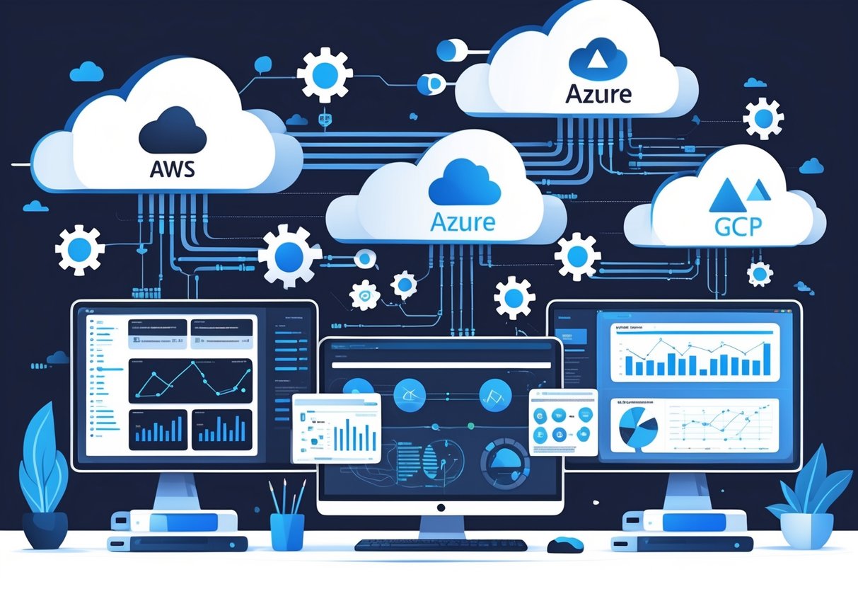 A workspace with multiple screens showing cloud platform logos, data charts, and automation pipelines connected to cloud servers and network infrastructure.