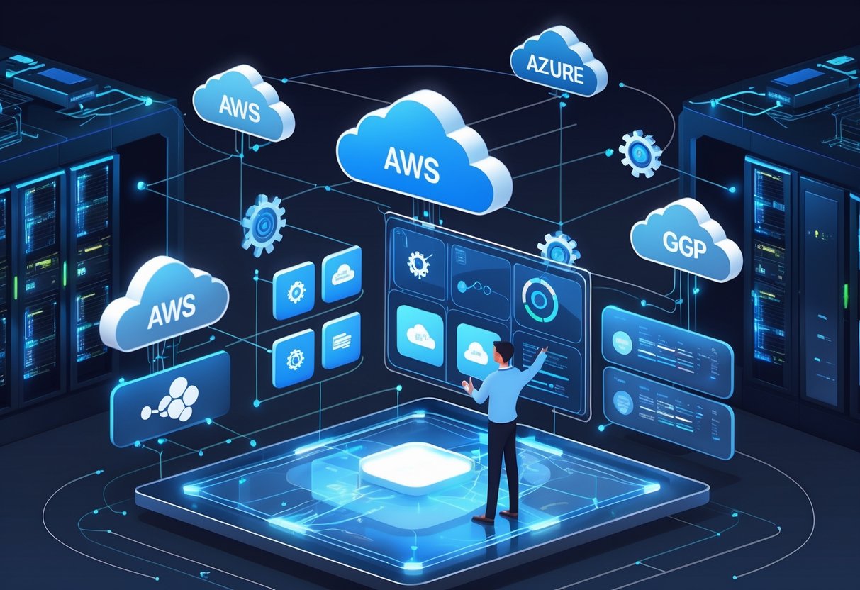 An analytics engineer interacting with a digital interface showing container clusters and cloud platforms connected to a data center with servers and network lines.